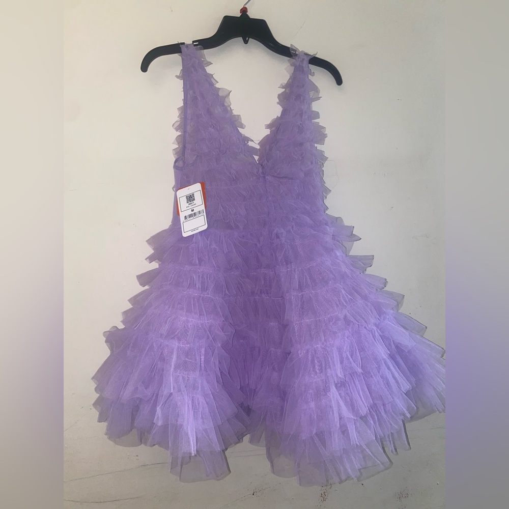 NEW LILAC TIERED RUFFLE PLUNGING TULLE MINI DRESS